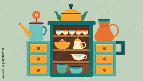 A drawer in the kitchen designated for storing brewing equipment such as tea infusers strainers and teapots for the home apothecary corner..