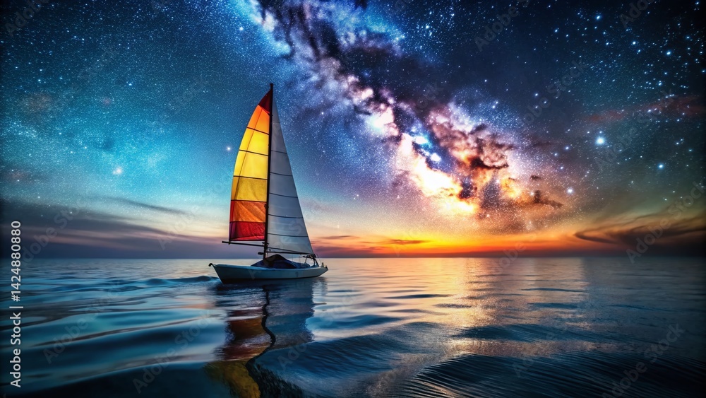 Naklejka premium Low Light Hobie Cat Sailing, Nighttime Watersport Adventure