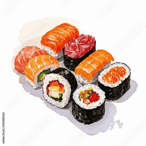 Nori & brushstrokes sushi isolated watercolor vector illustration svg 