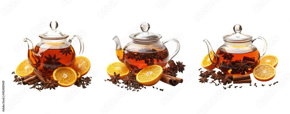 Transparent Tea Pot with Orange Slices and Cinnamon on Clear Background