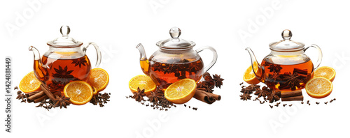 Obraz na płótnie Transparent Tea Pot with Orange Slices and Cinnamon on Clear Background w salonie