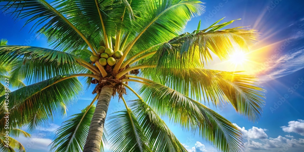 Fototapeta premium Lush Coconut Palm Tree on Tropical Beach, Copy Space Left