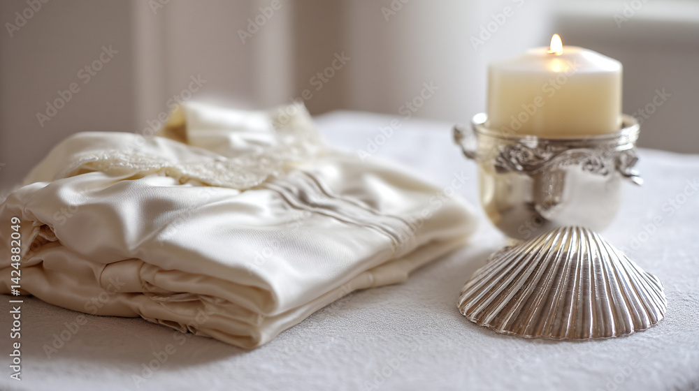 Elegant silk pajama set with candle and seashell still life photography for luxury lifestyle blog Elegant silk pajama set with candle and seashell still life photography for luxury lifestyle blog