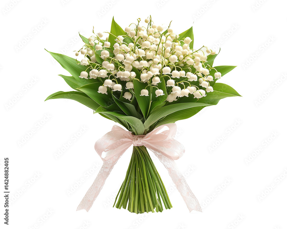 Elegant Lily of the Valley Bouquet with Green Leaves on Transparent Background