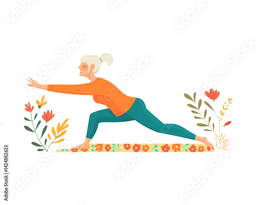 Senior Woman Practicing Yoga Pose with Flowers and Plants Illustration