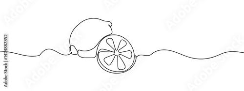 Continuous line, one lemon and half a lemon Simple lines, transparent background, editable strokes.