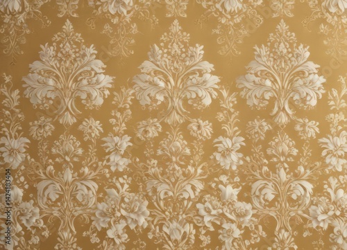 Intricate gold & cream floral damask fabric, luxurious texture , intricate, damask
