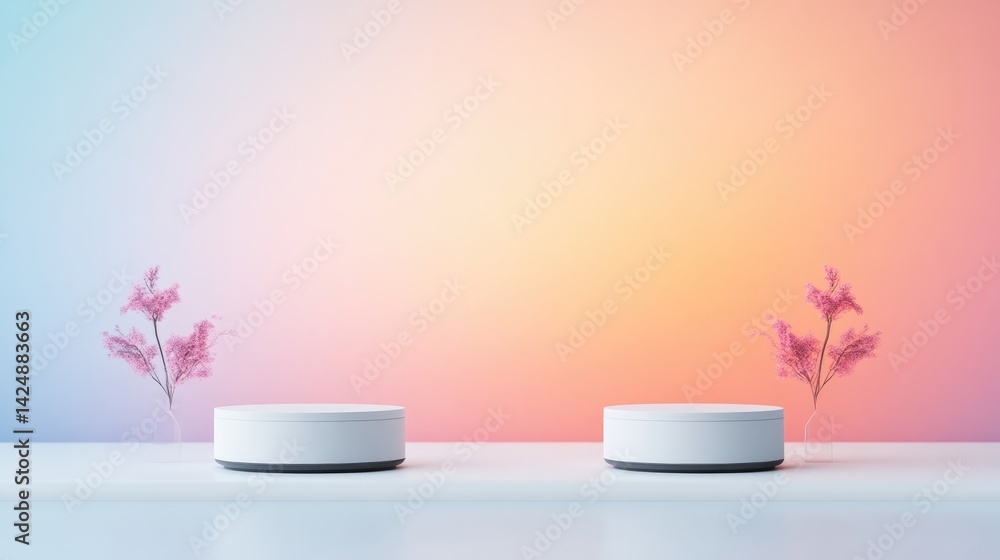 Two white circular platforms on a clean surface with soft pink flowers in the background, minimalist composition with pastel gradient lighting, and serene and elegant setting. Two white circular platforms on a clean surface with soft pink flowers in the background, minimalist composition with pastel gradient lighting, and serene and elegant setting.
