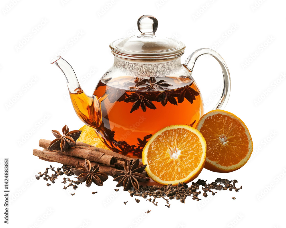 Herbal Tea Infusion with Fresh Orange and Spices on Transparent Background