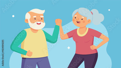 As they move through a series of lowimpact exercises an elderly duo shares sweet looks and encouraging words to keep each other motivated.. Vector illustration