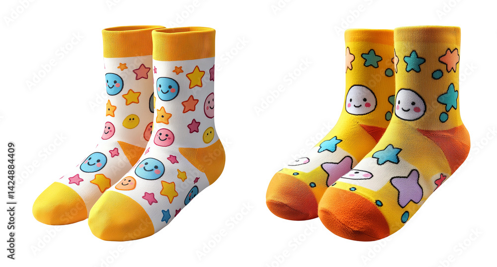 Colorful Kids Socks with Smiley Faces and Star Patterns on Transparent Background