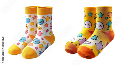 Obraz na płótnie Colorful Kids Socks with Smiley Faces and Star Patterns on Transparent Background w salonie