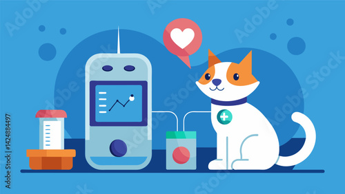 An AI petsitting device that can dispense medicine at the correct time and monitor your pets health while youre away.. Vector illustration
