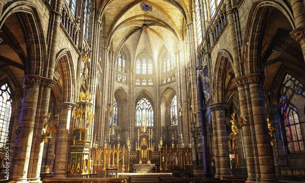 Sunlight floods Gothic cathedral interior Sunlight floods Gothic cathedral interior