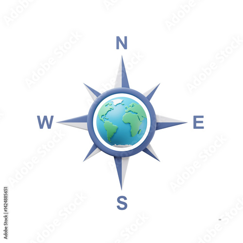 3D Compass Rose Pointing North Global Direction Navigation Geography Cartography World Exploration Earth Guidance