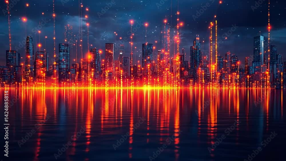Futuristic Cityscape at Night: Vibrant Reflection on Calm Waters Futuristic Cityscape at Night: Vibrant Reflection on Calm Waters