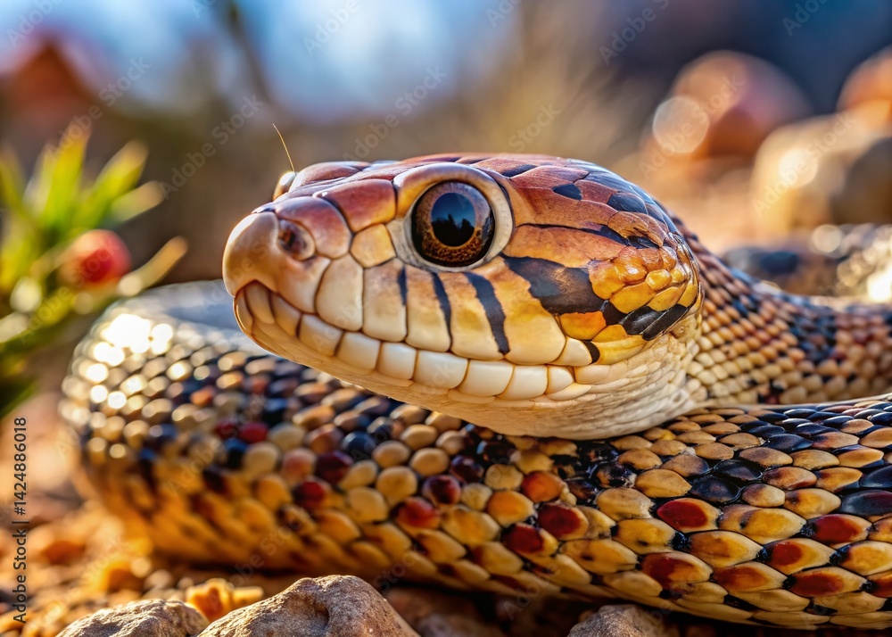 Majestic Bull Snake Portrait: Close-Up of a Non-Venomous Serpent Majestic Bull Snake Portrait: Close-Up of a Non-Venomous Serpent