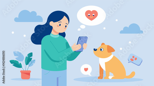 An illustration of a pet owner happily using the app to customize a smart toy for their furry companion with a thought bubble that says my pets. Vector illustration