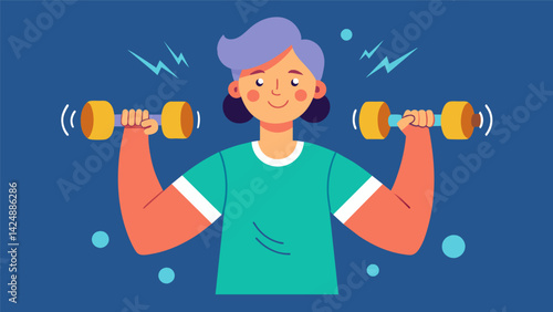 A person with a hearing impairment using vibrating dumbbells for cues during a workout.. Vector illustration