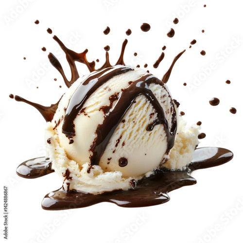Delicious vanilla ice cream scoop with rich chocolate sauce splashing around on a white background.