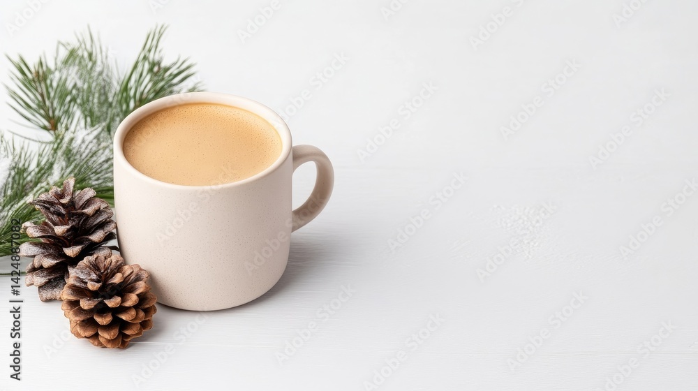 Warm drink in a light beige mug, surrounded by pine boughs and cones Warm drink in a light beige mug, surrounded by pine boughs and cones
