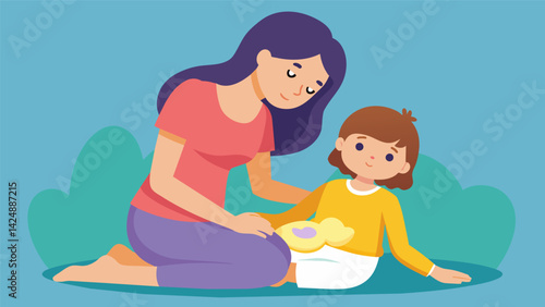 A mother gently massaging her childs stomach with a homemade ginger compress to ease their nausea and stomachache..