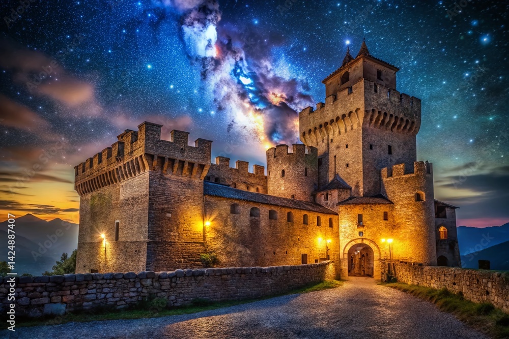 Fototapeta premium Majestic Italian Castle at Night, Illuminated Stone Walls, Starry Sky