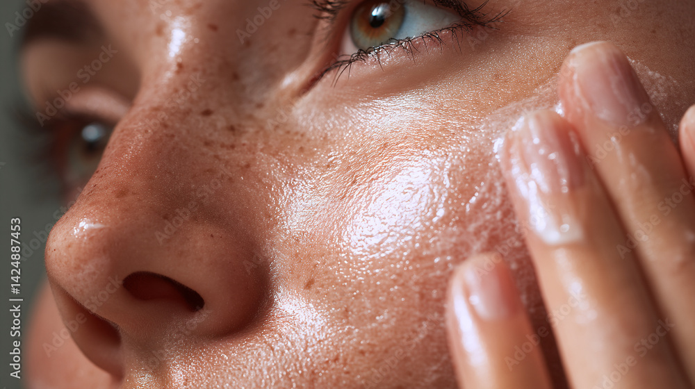 Fototapeta premium Closeup of woman applying skincare serum for hydration and glowing skin with freckles and natural beauty
