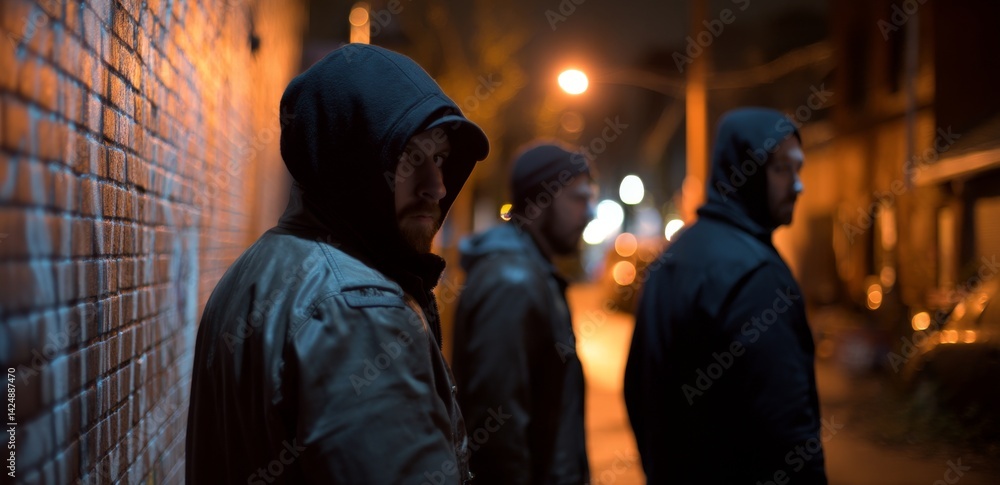 Nighttime Urban Shadows: Hooded Figures in Alleyway, Mysterious Ambiance, Dark City Streets, Criminal Activity Suspicion Nighttime Urban Shadows: Hooded Figures in Alleyway, Mysterious Ambiance, Dark City Streets, Criminal Activity Suspicion