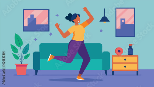 A solo dance party in the living room incorporating dynamic movements like jumping jacks and high knees for a cardio workout.. Vector illustration