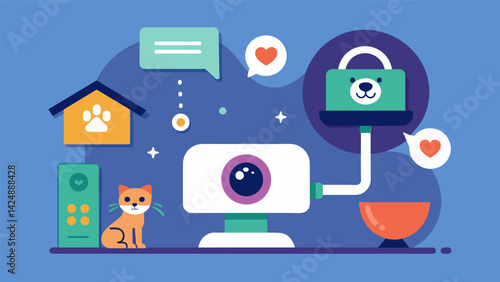 A surveillance camera that monitors a pets activities and gives realtime feedback to assist with training.. Vector illustration