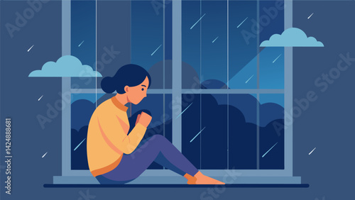 A delicate illustration of a person in a seated twist their hands resting gently on their knees as they gaze peacefully out a window at a rainstorm..