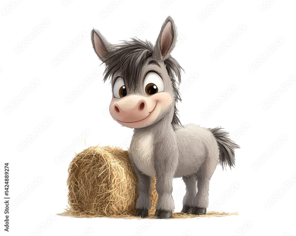 Cute Cartoon Donkey Character with Hay Bale on Transparent Background