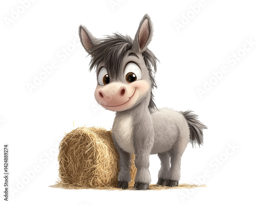 Cute Cartoon Donkey Character with Hay Bale on Transparent Background