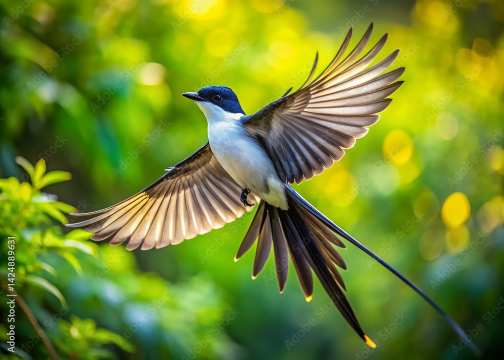 Fototapeta premium Majestic Swallow-Tailed Flycatcher in Flight - Drone Aerial Photography