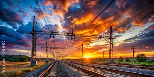 Majestic Train Catenary: Overhead Wires Against a Dramatic Sky
