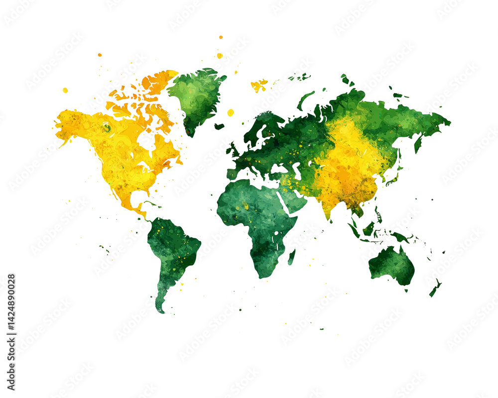 Colorful watercolor world map with transparent background design