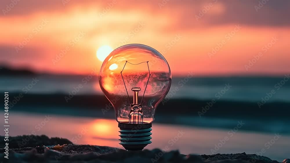 Illuminating Ideas: Light Bulb Reflecting a Vibrant Ocean Sunset at Dusk Illuminating Ideas: Light Bulb Reflecting a Vibrant Ocean Sunset at Dusk