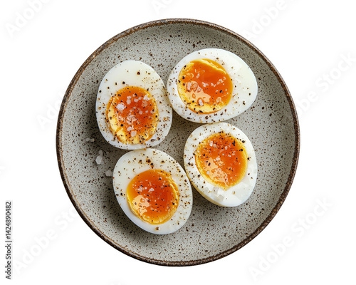 Obraz na płótnie Delicious Soft Boiled Eggs on Plate with Salt and Pepper Seasoning w salonie