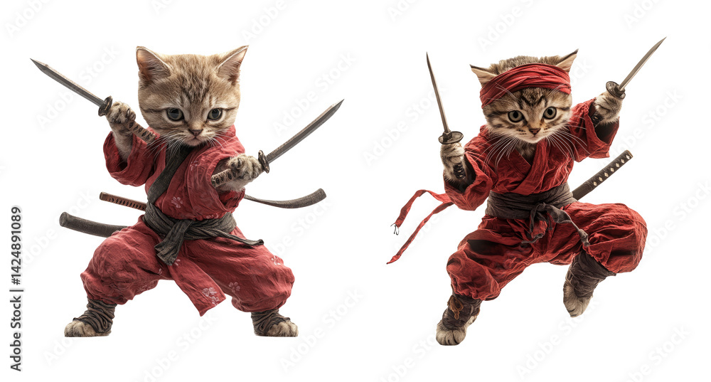 Playful Kittens in Ninja Costumes with Swords on Transparent Background