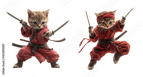 Obraz na płótnie Playful Kittens in Ninja Costumes with Swords on Transparent Background w salonie
