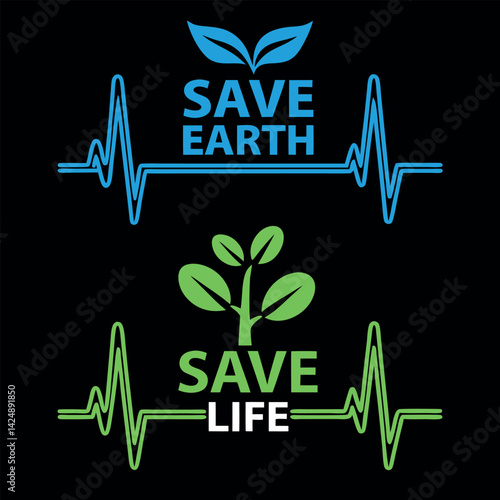 Save Earth Save Life Environmental Heartbeat Graphic T-Shirt.