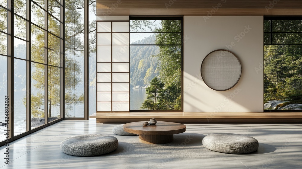 D interior of modern Japanese tea room with low table and round pillows on clean floor, peaceful ambiance
