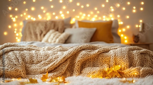 D render of a cozy bedroom interior featuring a stylish bed with layered bedding and modern lighting