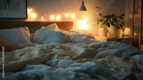 D render of a cozy bedroom interior featuring a stylish bed with layered bedding and modern lighting
