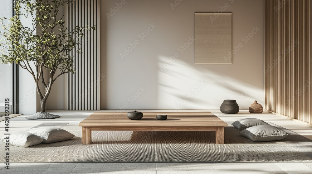 D rendering of minimal Japanese room with low wooden table and floor pillows, clean lines and tatami-style flooring