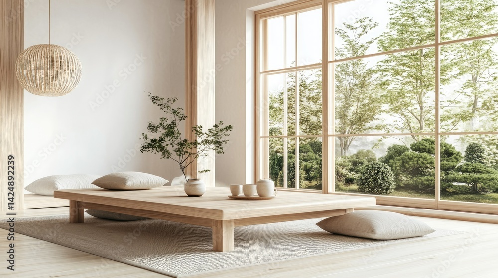 D rendering of minimal Japanese room with low wooden table and floor pillows, clean lines and tatami-style flooring