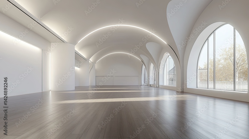 D rendering of minimalist white room with huge windows, warm natural light and modern decor on polished floors