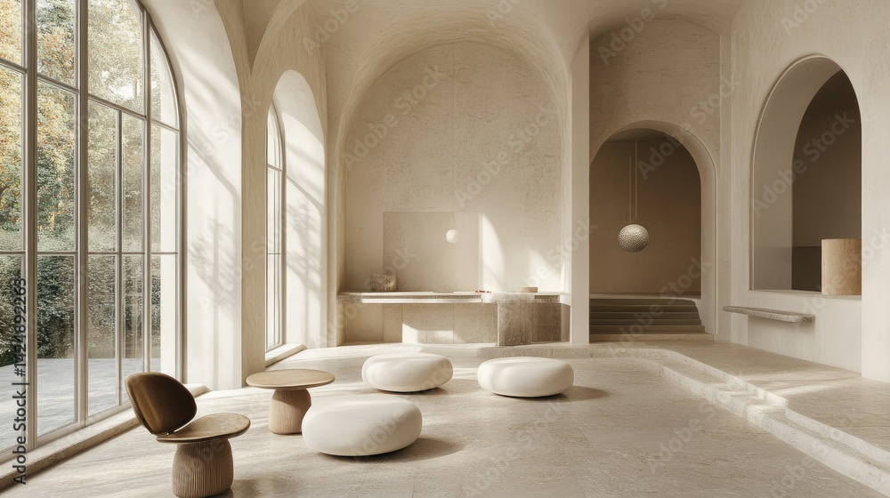 D rendering of minimalist white room with huge windows, warm natural light and modern decor on polished floors