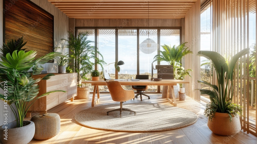 D visualization of a green office loft with rustic wood, potted plants, and a breathtaking natural view through large windows